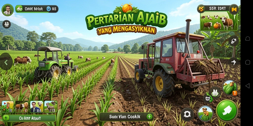 Tampilan gameplay <strong>55RT</strong> dengan suasana pertanian yang asri.