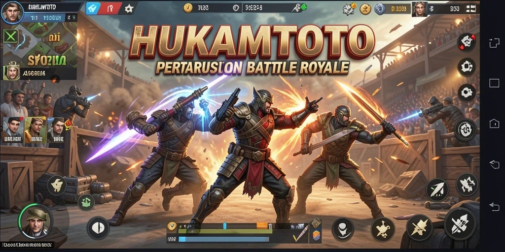 Tangkapan layar menunjukkan aksi seru di HUKUMTOTO Battle Royale.